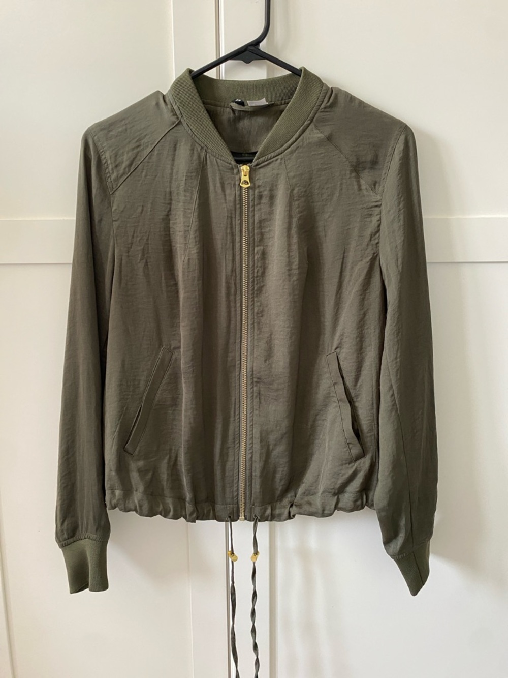 H&M Women's Satin Olive Green Bomber Jacket with Pockets